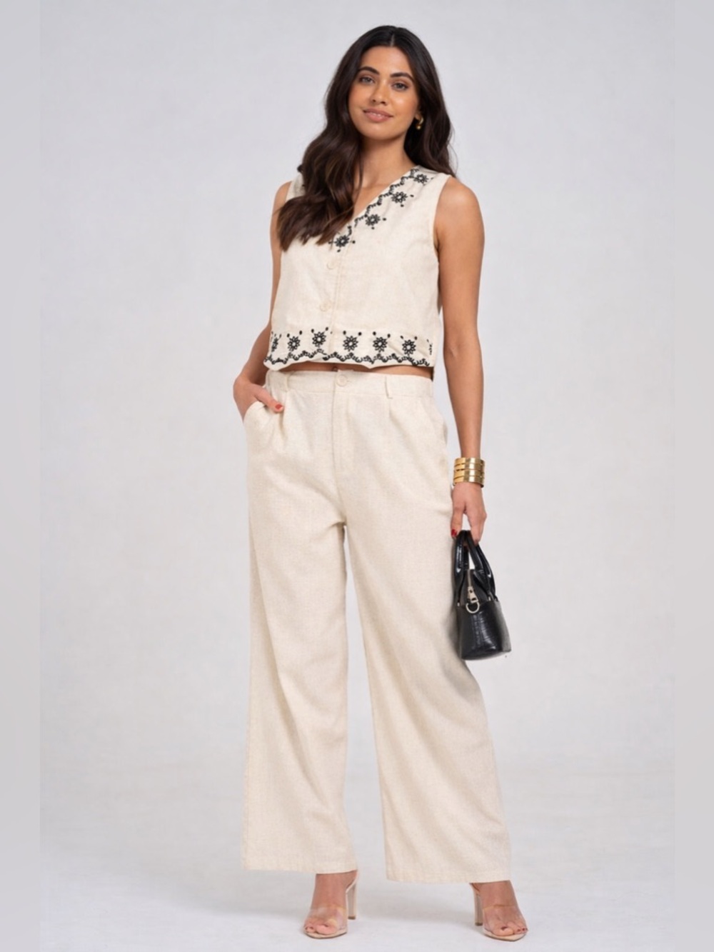 Santorini Coast Embroidered Wide Leg Pant Linen Set